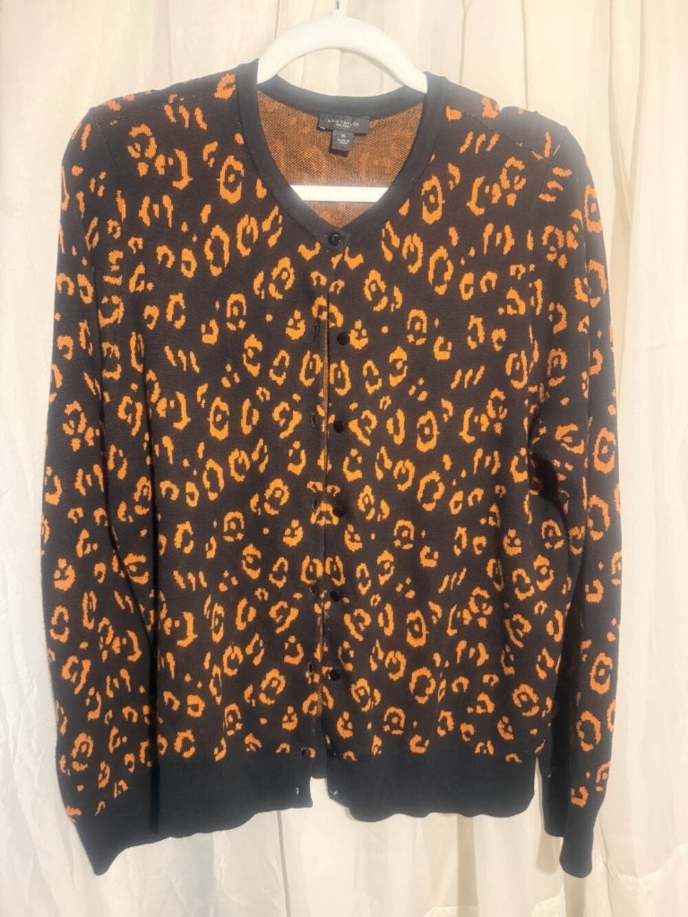 Ann Taylor Factory Black Orange Leopard Print Cardigan Sweater XL